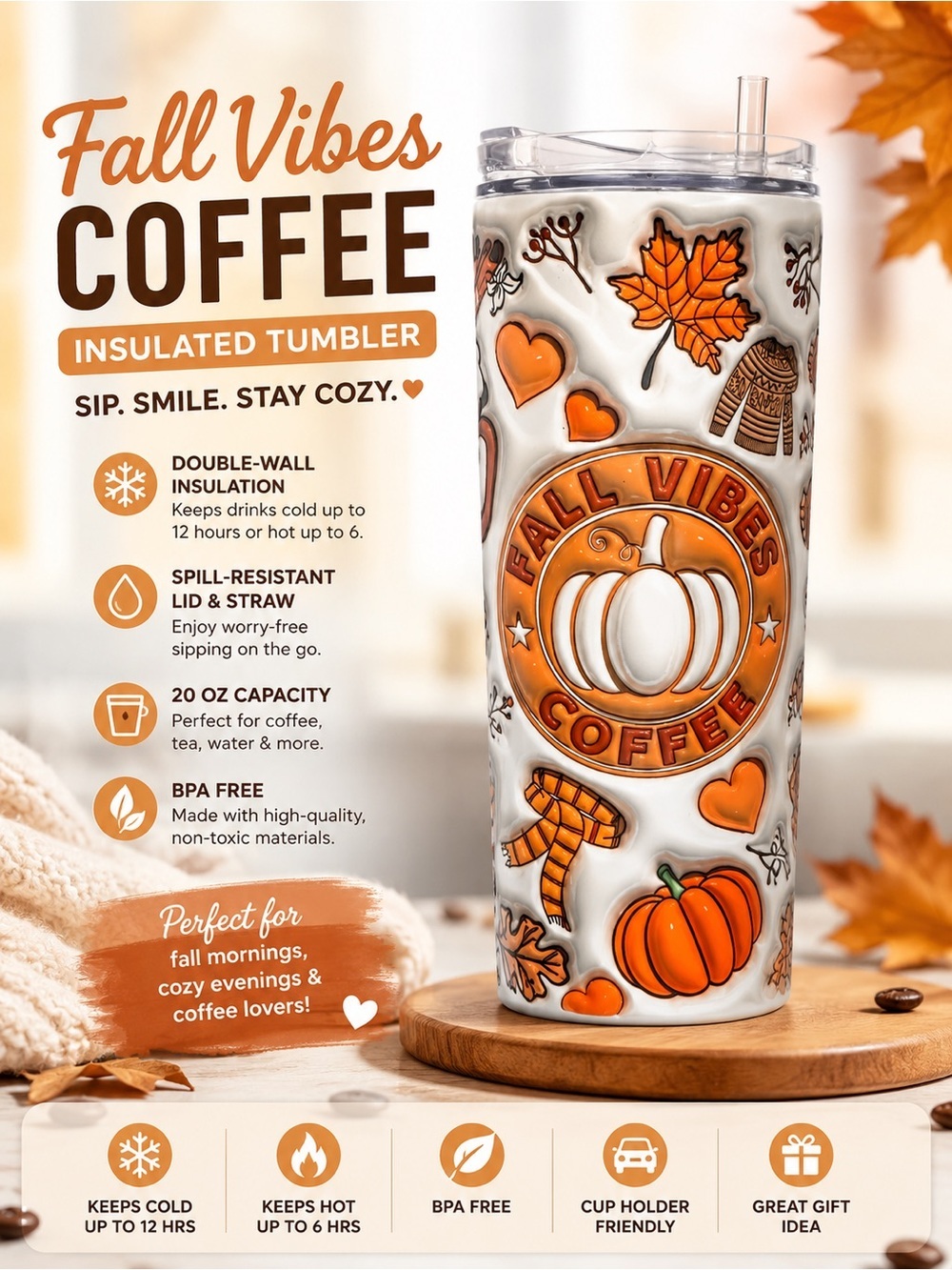 Hand Crafted Fall Vibes Coffee Insulated Tumbler - Orange, White, Brown
